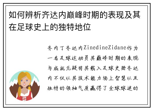 如何辨析齐达内巅峰时期的表现及其在足球史上的独特地位