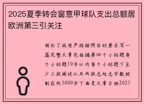 2025夏季转会窗意甲球队支出总额居欧洲第三引关注