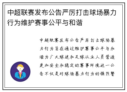 中超联赛发布公告严厉打击球场暴力行为维护赛事公平与和谐