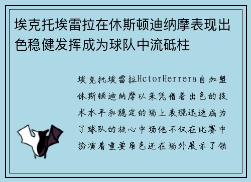 埃克托埃雷拉在休斯顿迪纳摩表现出色稳健发挥成为球队中流砥柱