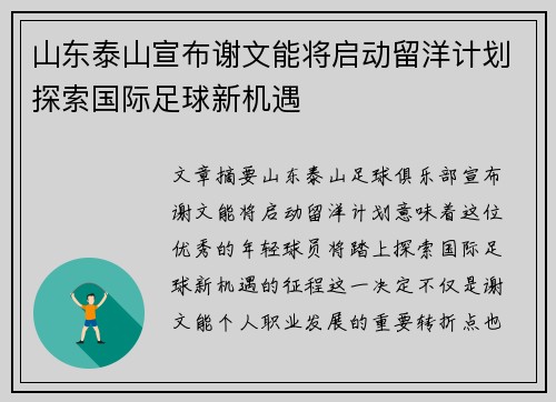 山东泰山宣布谢文能将启动留洋计划探索国际足球新机遇