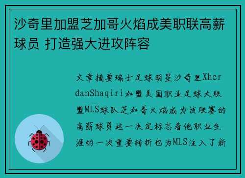 沙奇里加盟芝加哥火焰成美职联高薪球员 打造强大进攻阵容