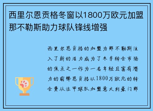 西里尔恩贡格冬窗以1800万欧元加盟那不勒斯助力球队锋线增强