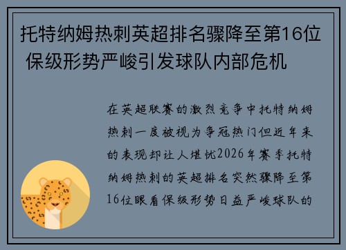 托特纳姆热刺英超排名骤降至第16位 保级形势严峻引发球队内部危机